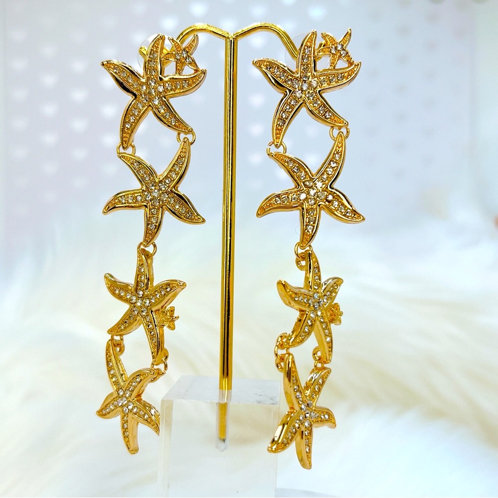 Gold plated Starfish ⭐️ crystal pave 3” earrings